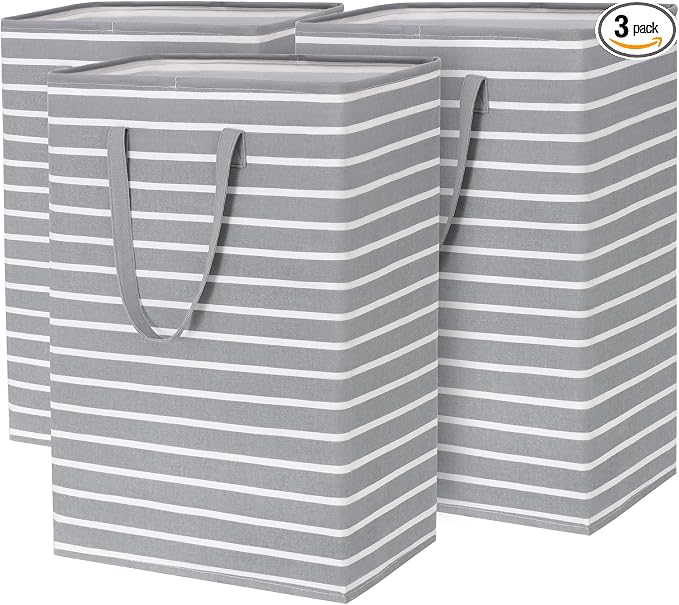 Goodpick Laundry Hamper Large 3-Pack Collapsible Laundry Baskets Tall Dirty Clothes Hampers for Laundry Toy Storage Towel Blanket Baskets for Organizing in Bathroom, Bedroom, Dorm, 75L, Grey & White