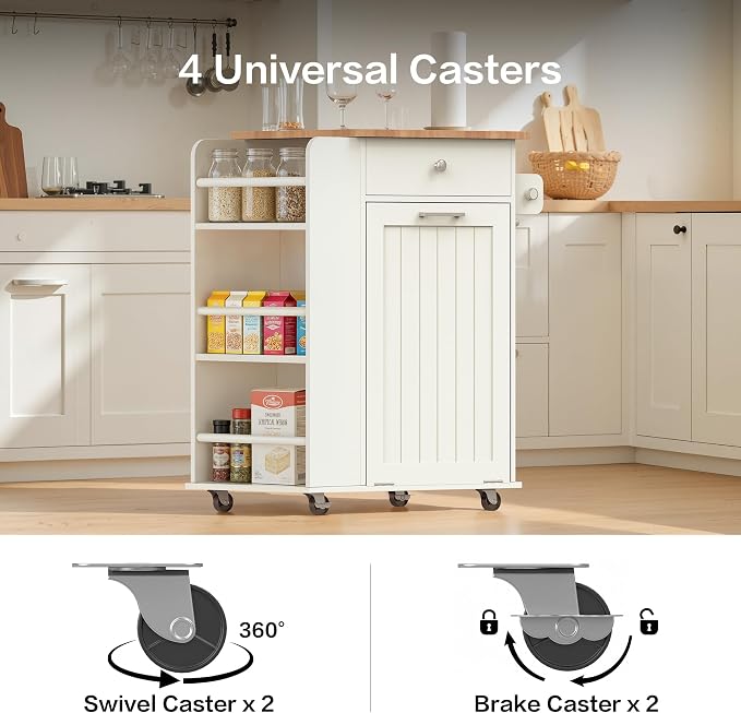Kitchen Island with Trash Can Storage & Drop Leaf, Portable Kitchen Island on Wheels, Rolling Island Table for Kithchen