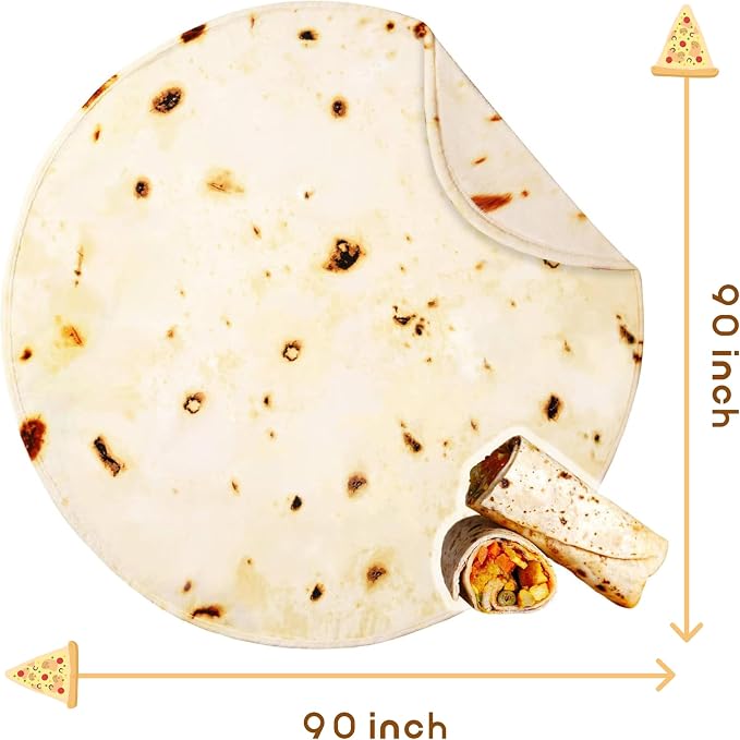 Bnuitland 90 Inches Tortilla Burritos Pattern Blanket with Pouch, 300 GSM Double Sided Giant Flour Novelty Taco Funny Realistic Food Blanket for Bed Sofa, Super Soft Flannel for Adults