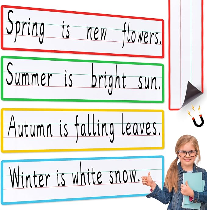 4 Sheet 23.6×5.9inch Dry Erase Magnetic Sentence Strips for Classroom Whiteboard & Fridge Handwriting Lined Paper for Home Teacher Must Haves Word Alphabet Practice Tool