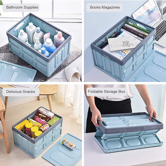 Lidded Storage Bins 2 Pack 30L Collapsible Storage Box Crates Plastic Tote Storage Box Container Stackable Folding Utility Crates for Clothes, Toy, Books ,Snack, Shoe, and Grocery Storage Bin-Blue
