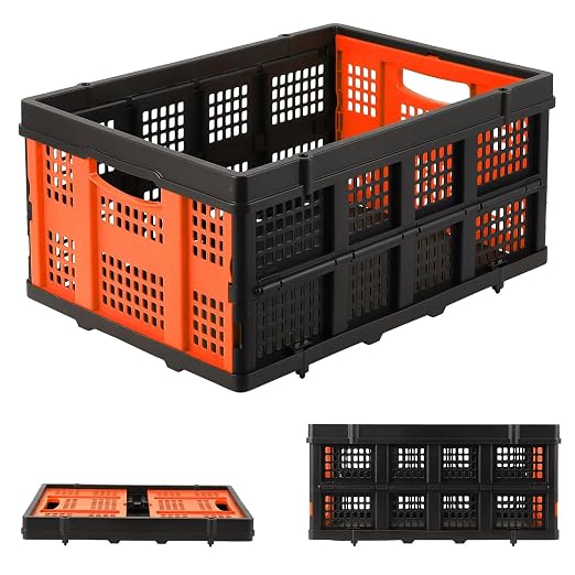 Garvee Collapsible Crate, 55L Foldable Plastic Milk Storage Crate, Orange | Heavy Duty Stackable Plastic Crates Folding Storage Baskets for Groceries, Moving, Camping & Car Storage