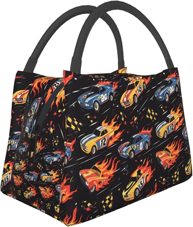Race Car Insulated Lunch Box for Boys Men,Reusable Tote Bag with Retro Racing Cars and Flaming,Portable Lunchbox Handbag,Makeup Bags Organizer Gifts for Work Office Travel Picnic,11x6.3x6.7in