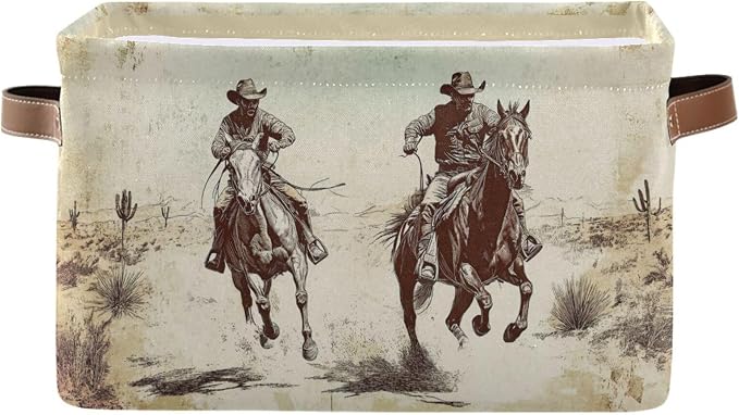 Horse Desert Cowboy Beige Rectangular Storage Bin Basket with Handles - Organizer Bins Laundry Storage Basket for Pets Room Books Closet