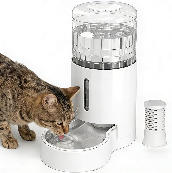 JUNSPOW Cat Water Dispenser with Filter and Stainless Steel Bowl, Automatic Gravity Water Dispenser for Cats or Small Medium Size Dogs, Large Capacity, Easy to Clean and Safe for Pets (4L White)