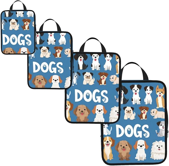 4 Set Compression Packing Cubes for Travel | Cute Dog Collection Cube Storage Organizer For Carry On Expandable Space Saver Packing Bags Travel Essentials