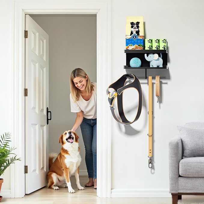 Dog Leash Holder for Wall, Leashes Hanger, Wall Mounted Dog Stuff Storage and Organizer, Metal Key Holder Pet Leash Hooks for Leashes, Training Treats, Chew Toys, Keys, Large (Black)