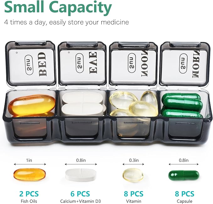 MOLN HYMY Cute Pill Organizer 4 Times a Day, Daily Pill Box 7 Day, 28 compartments, Portable, Travel Friendly Medicine Planner for Vitamins/Fish Oils/Medication/Supplements (Black, Small)