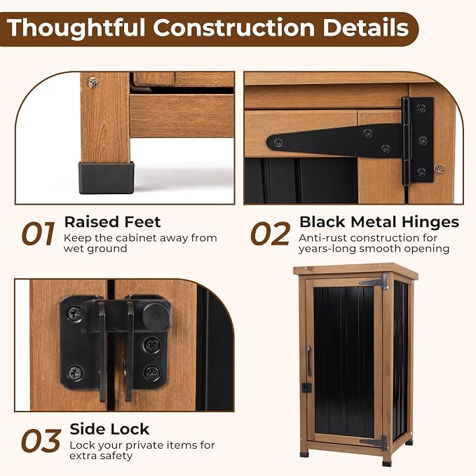 Outdoor Storage Cabinet Waterproof with Metal Top, Wooden Potting Bench Table Tool Organizer with Adjustable Shelf for Patio Backyard Garden