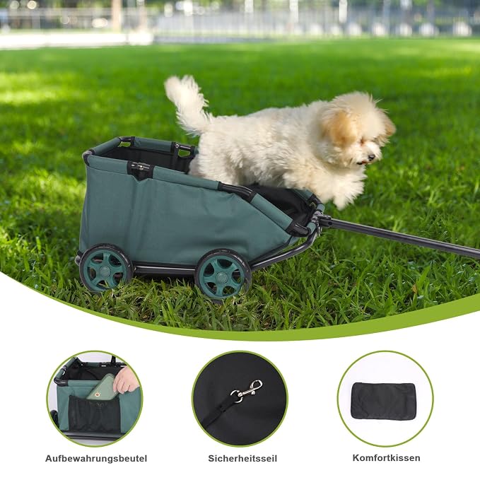 Mini Dog Strollers for Mini Pets, Foldable Multifunctional Shopping Carts with Extendable Pull Handle, Doggie Wagon Built-in Cushion and Safety Rope with Storage Bag (Dark Green)
