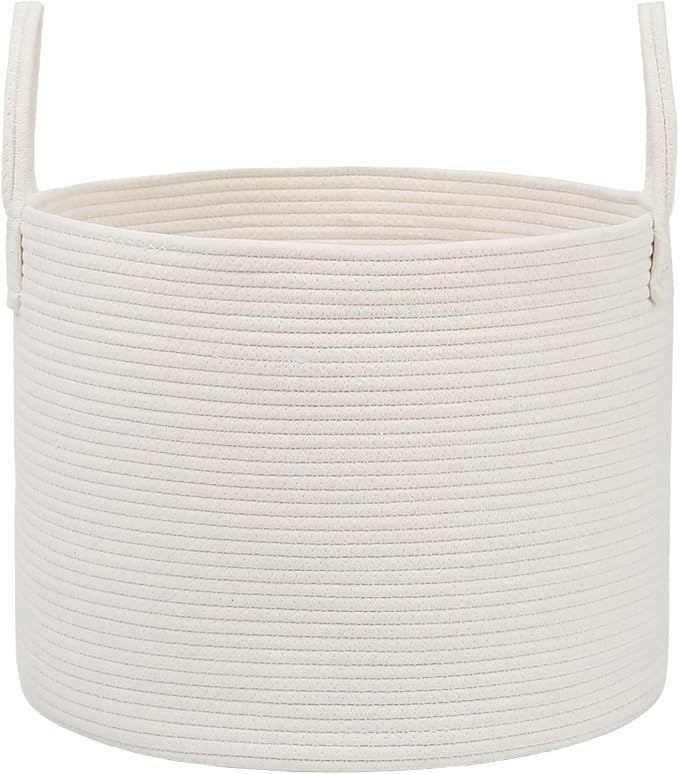 JMvicyroam 65L Extra Large Machine Washable Cotton Rope Blanket Basket | Collapsible laundry hamper, Reinforced handles, For blankets, pillows, toys and clothes, Living room and bedroom, White