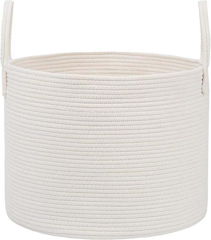 JMvicyroam 115L Extra Large Machine Washable Cotton Rope Blanket Basket | Collapsible laundry hamper, Reinforced handles, For blankets, pillows, toys and clothes, Living room and bedroom, White