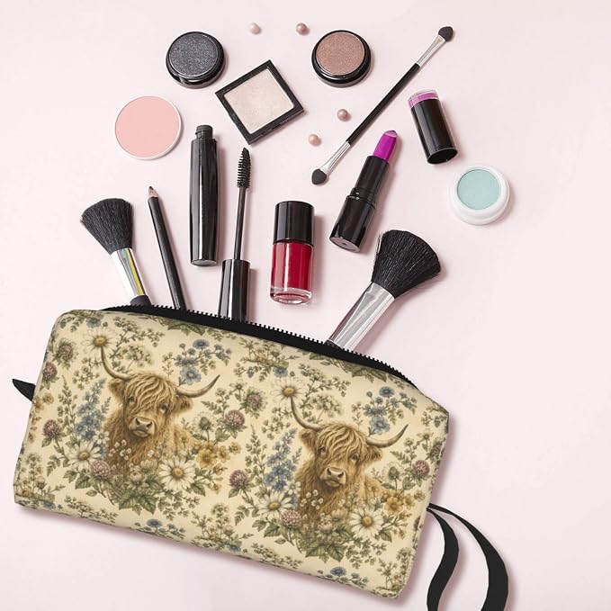 Highland Cow Wildflower Meadow Small Makeup Bag for Women | Double-Sided Highland Cow Floral Cosmetic Organizer with Foam Padding for Women, Travel, Gym, School, and Daily Storage