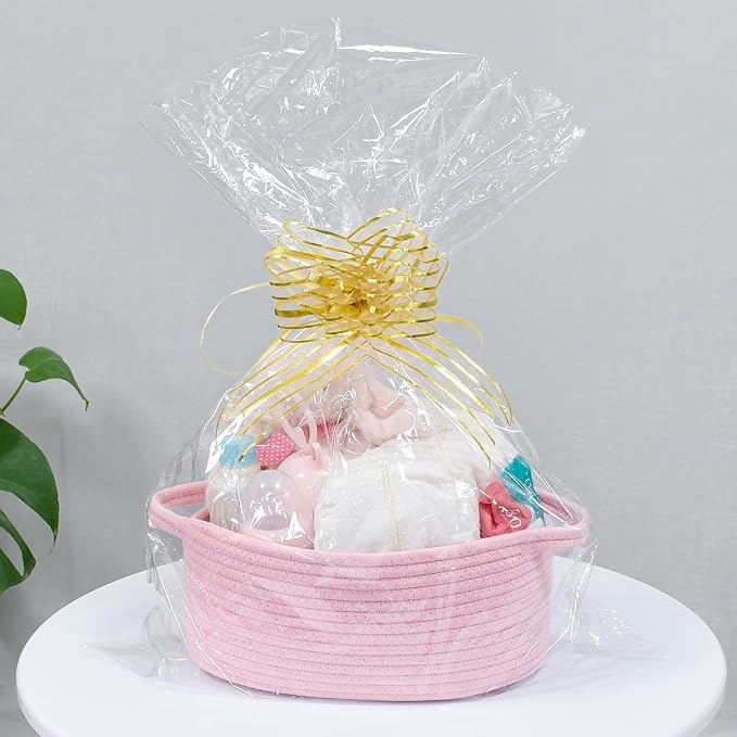 ABenkle Small Basket with Handles, Boho Decorative Rope Woven Dog Cat Toy Storage Bin Shelf Storage Organizer, Easter Christmas Gift Basket, 12"x8"x5", Pink