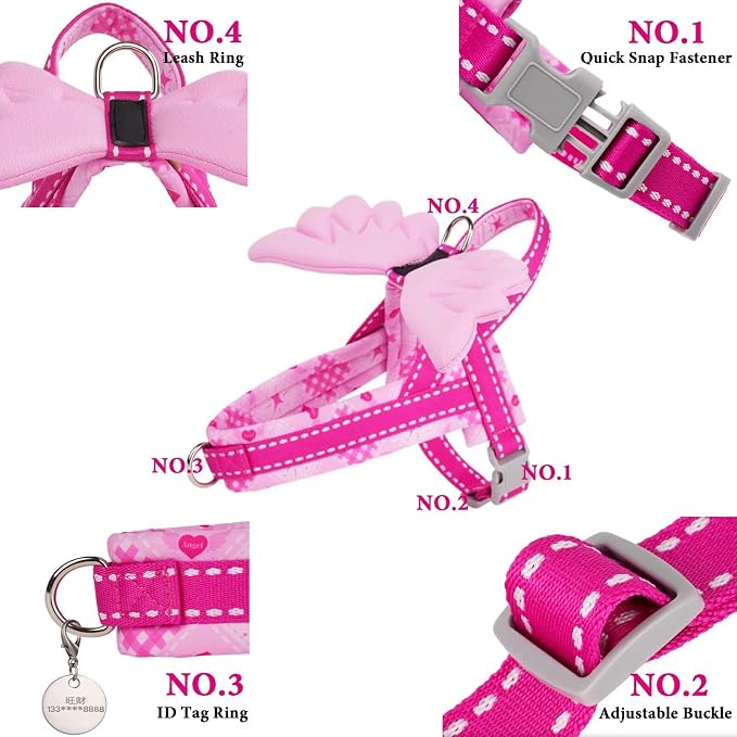 HDKUW Small Dog Harness with Angel Wings, Pink M