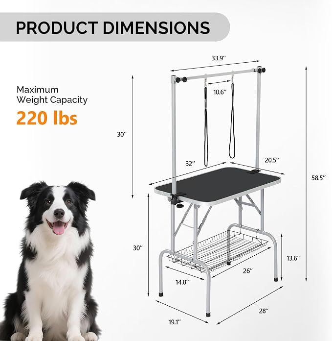VINGLI Dog Grooming Table, Adjustable Cat Grooming Desktop with Arms and Storage Basket, Pet Grooming Stand at Home (Black, 32 inch)
