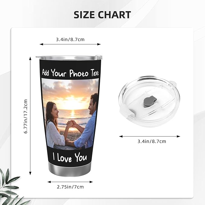 Personalized Stainless Steel Tumbler with Photo Logo Text Name, Custom 20 Oz Coffee Mug for Christmas Anniversary Birthday, Customize Travel Car Thermos Cup for Family Friends