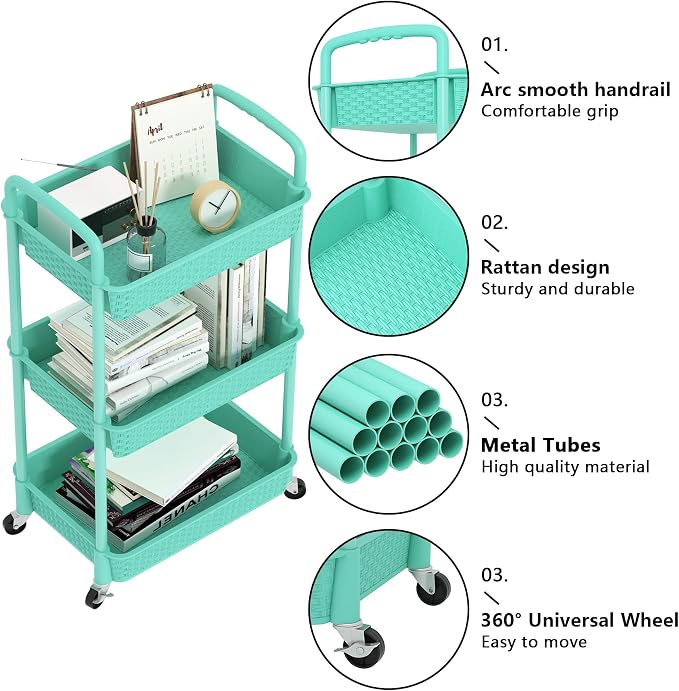 MOYIPIN 3-Tier Plastic Rolling Utility Cart with Handle,Turquoise | Utility Storage Cart for Office, Living Room, Kitchen,Movable Storage Organizer，Easy installation，Rattan-like art design
