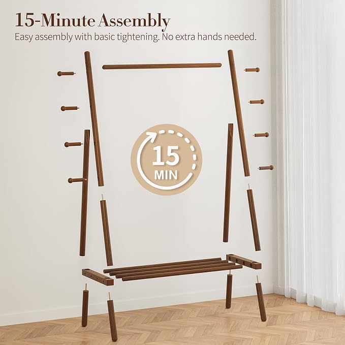 Yoobure Solid Wood Clothes Rack - Heavy Duty Clothing Racks for Hanging Clothes with 8 Hooks, Portable Garment Rack for Dress Shirt Shoe, Freestanding Wardrobe Coat Racks with Shelf for Closet Bedroom
