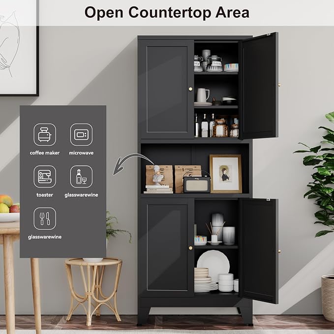 YAUWOH 69" Tall Metal Pantry Cabinet with Microwave Shelf, 4 Doors & 3 Adjustable Shelves, 120LBS Per Shelf Heavy Duty Storage Cabinet with Anti-Tip Design for Kitchen,Dining Room (1PC,Black)
