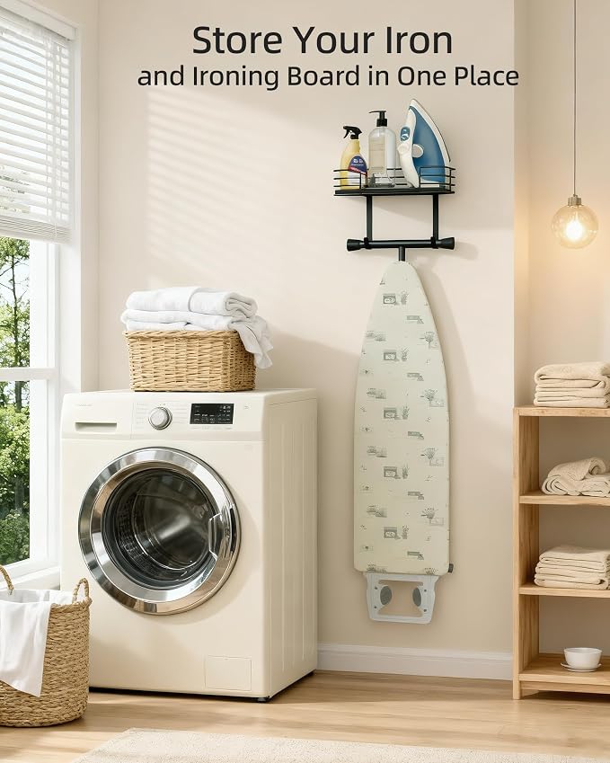 Ironing Board Holder Wall Mount, Metal Ironing Board Hanger with Shelf Laundry Room Decor and Accessories Iron Holder for Laundry, Fits T-Leg Ironing Board, Industrial Decor, Black