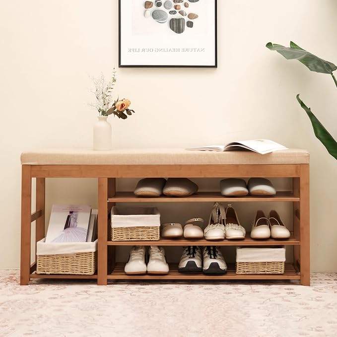 PETKABOO Shoe Rack Bench with Cushion 39.4“, Shoe Rack for Front Door Entrance, Shoe Bench with Storage for Entryway Hallway Bedroom Living Room