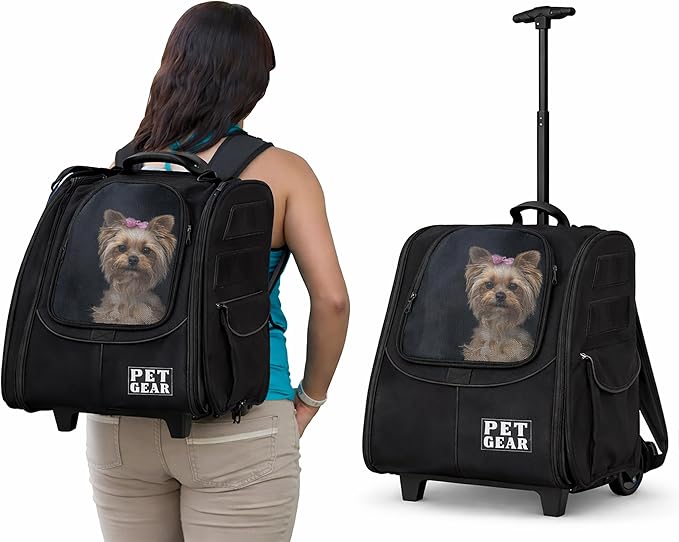 Pet Gear I-GO2 Roller Backpack, Large Traveler, Dark Charcoal | Travel Carrier, Car Seat for Cats/Dogs, Mesh Ventilation, Telescoping Handle, Storage Pouch, Included Tether