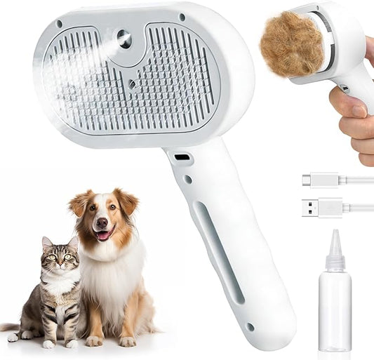 Pet Steam Deshedding Brush for Dogs & Cats – 3-in-1 Self-Cleaning Grooming Comb, Anti-Static Cool Mist Spray, USB Rechargeable, Reduces Shedding on Long & Short Hair Pets (White)