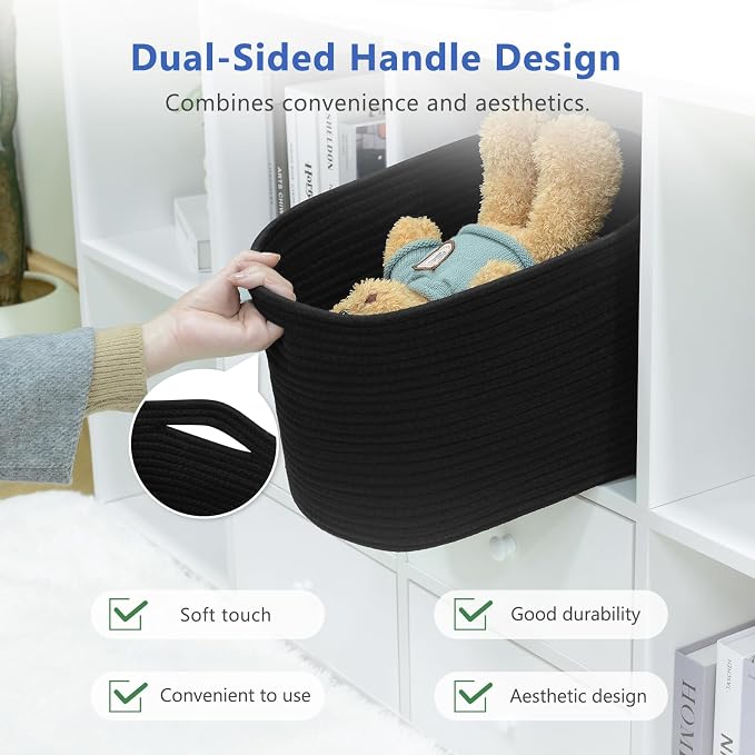 ECDYQXVU 15x10x9 Inch Woven Cotton Rope Storage Basket, Black, 1 Pack | Foldable Design, Built-in Handles, Space-saving Organizer for Living Room, Bedroom, Laundry, Shelves, Clothes, Towels