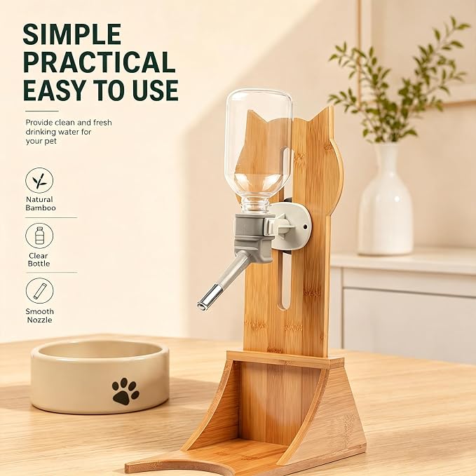 Bamboo Pet Water Bottle Stand, Adjustable Hanging Dog Cat Dispenser