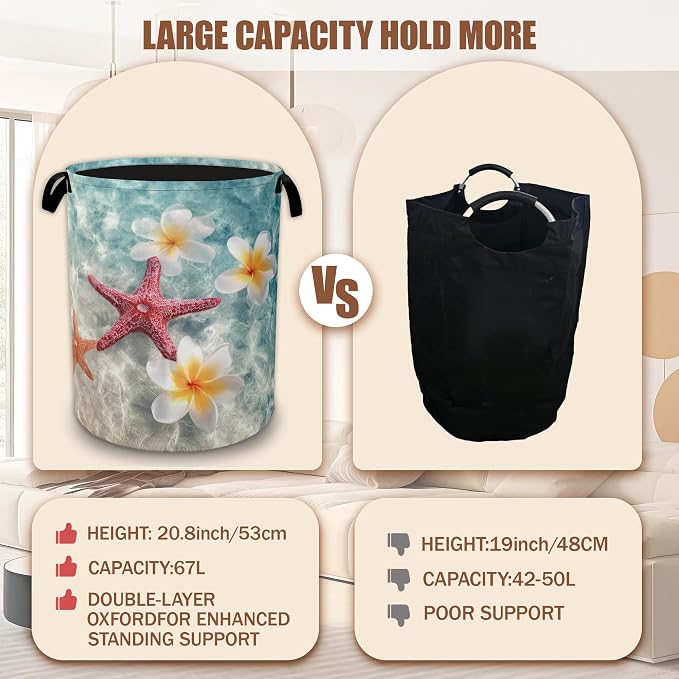 Coastal Starfish Laundry Hamper,Plumeria Flowers Laundry Baskets,Waterproof Oxford Cloth Toy Storage for Bedroom,Bathroom,Nursery,16x20.8 Inch