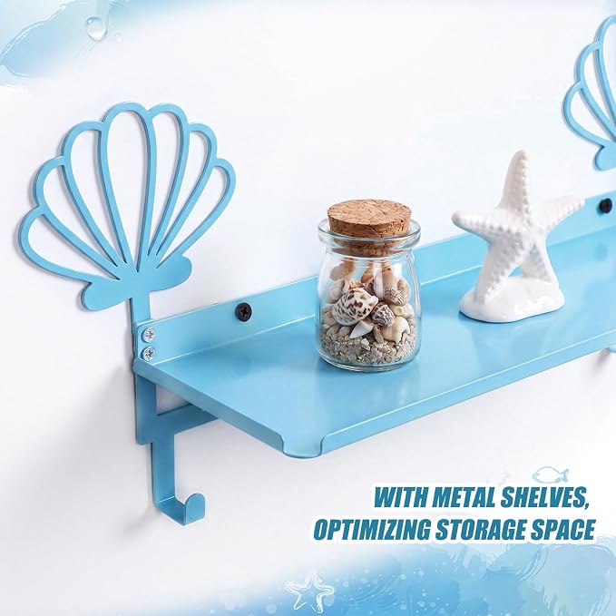 Blue Seashell Coat Rack Wall Mount with Shelf Metal Entryway Hanging Shelf with 4 Hooks Cute Beach Coastal Bedroom Accessories Decor for Dog Leash Pet Collar Keys Clothes Hats Towel Purse