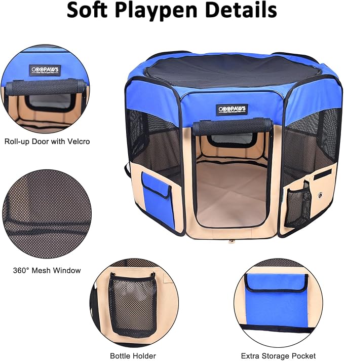 Jespet Soft Dog Playpen, Portable Pet Exercise Pen Kennel with Carry Bag | 2-Door, Easy to Fold, Ground Stakes, Zipper Locks, Large Storage Pocket, Washable Top Mesh Cover & Bottom Cover
