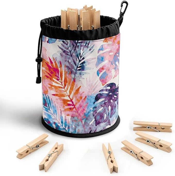 Tropical Leaf Clothespin Bag Holder Outside, Hanging Clothes Pin Bag with Drawstring Closure, Large-Capacity Clothespin Storage Organizer with Hooks