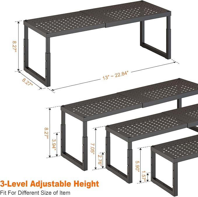 RUILALIFE Expandable-Stackable-Shelf-Organizer-For-Cabinet Pantry Closet,Kitchen Counter Shelf With Adjustable Height, Metal Storage Shelf Riser Spice Rack For Cupboard Countertop