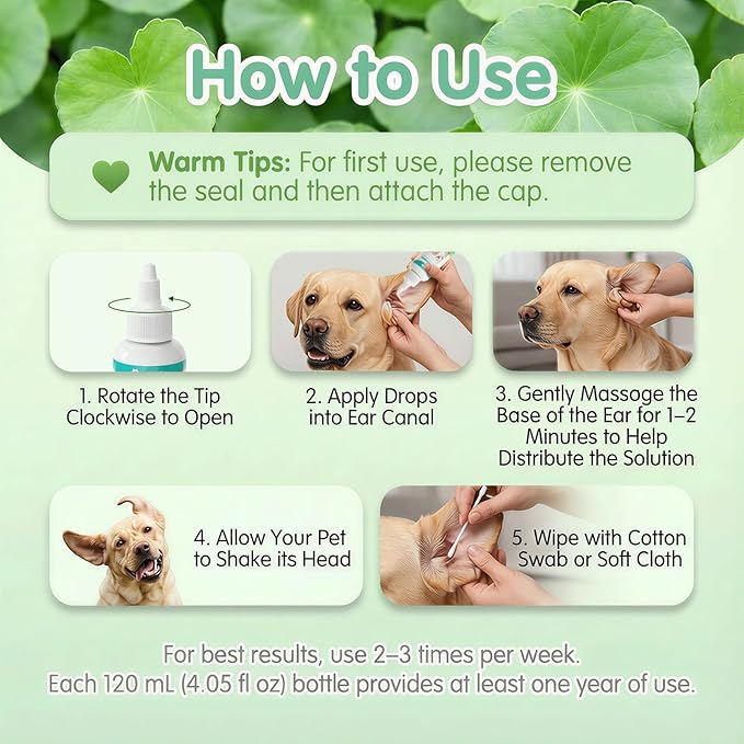 Cabishy Ear Cleaner for Dog Cat Ear Drops Wax Removal with Centella Asiatica No Irration, No Alcohol, Non-Medicated Pet Ears Wash Cleaning Solution Itch Relief Soothing Deodorizing Itchy Ears 4oz