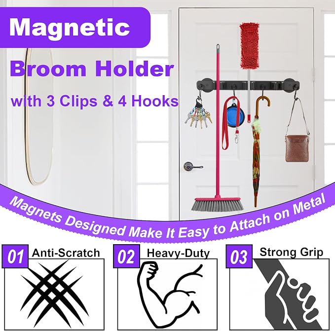 Heavy Duty Magnetic Mop Broom Holder with Swivel Hooks | Strong Magnet Mount Tool Hanger Organize System Utility Rack for Refrigerators Laundry Garage Kitchen