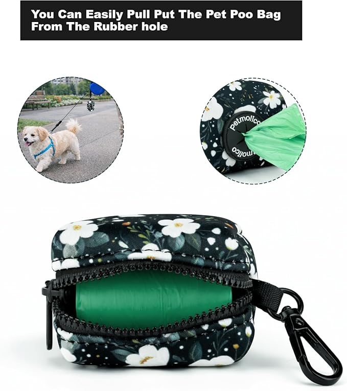 Petmolico Dog Poop Bag Holder Dispenser 2 Pack, Cyan & Flower | Zippered pouch fits any leash, includes free roll of bags, lightweight & portable for daily walks, travel & outdoor use