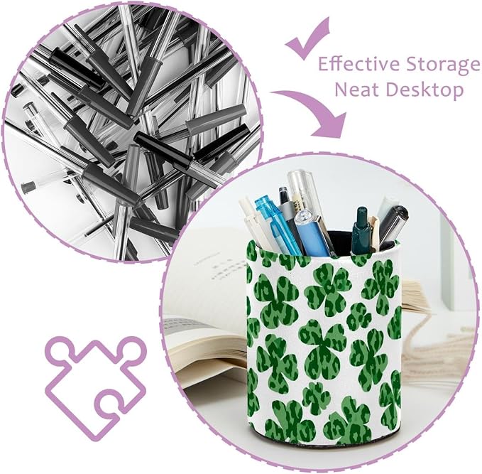 Faux Leather Pen Holder for Desk, Pencil Organizer Shamrock Pen Cup Desk Decor Makeup Brush Holder Storage for Office Home