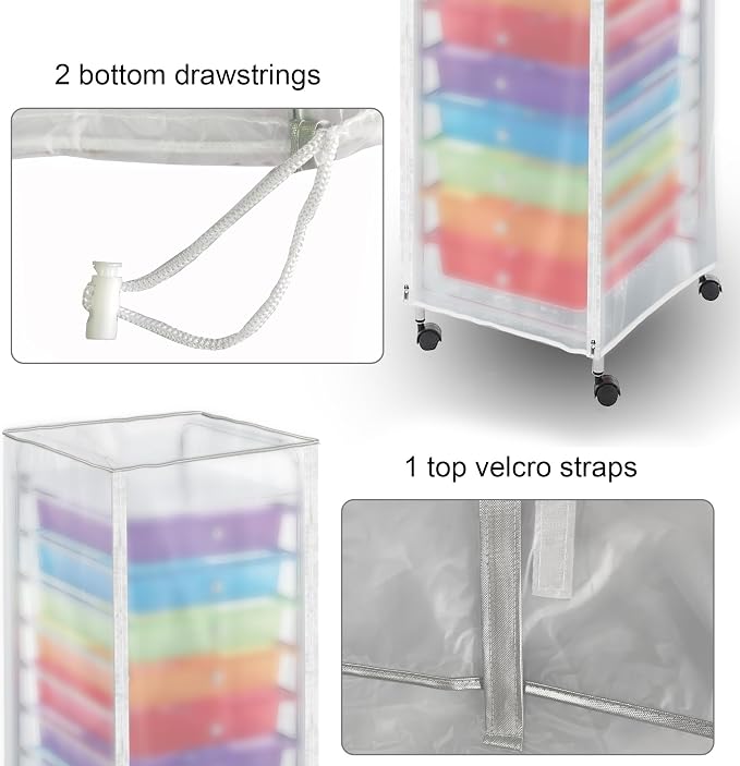Utility Cart Cover Frosted PVC 10 Drawer Cart Cover with Zipper Access | Semi-transparent frosted PVC, roll-up panel, top buckle straps, dual zippers, inner fastening straps, dust protection