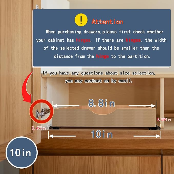 Pull Out Cabinet Drawers - 9x2 Size Options (10-29'W,18-21'D), Pre-Assembled with Soft Close Slides, Solid Beechwood, Easy Installation(10'W x 21'D)