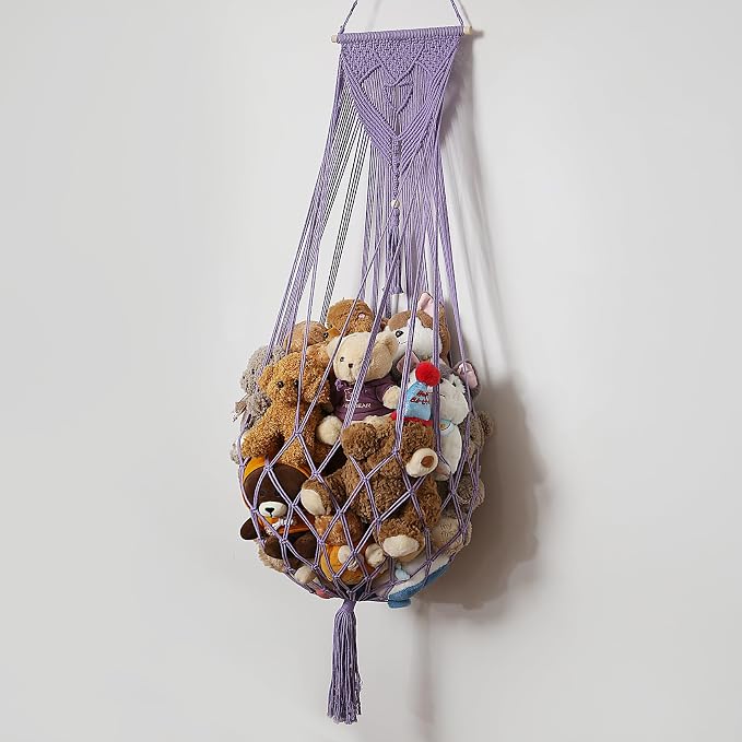 Stuffed Animal Net or Hammock Corner or Wall Hanging Net for Plush Toy Storage Boho Macrame Toy Display Nursery Bedroom Decor Stuffy Animal Toy Organizer (Purple)