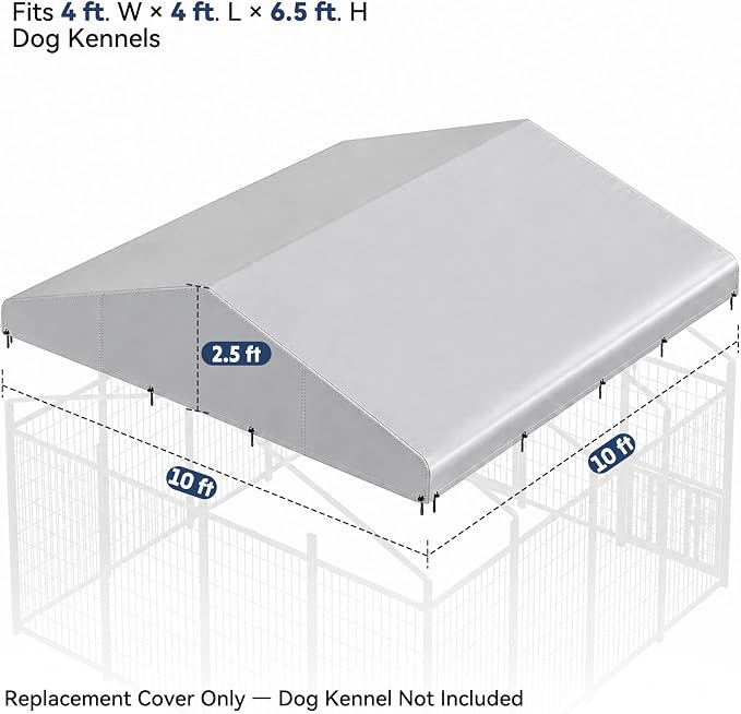 ROOMTEC 10 x 10 FT Outdoor Dog Kennel Cover, Replacement Canopy Only | Silver, 210D Coated Oxford, Waterproof, UV, 18 Secure Fasteners, Designed for ROOMTEC Kennels