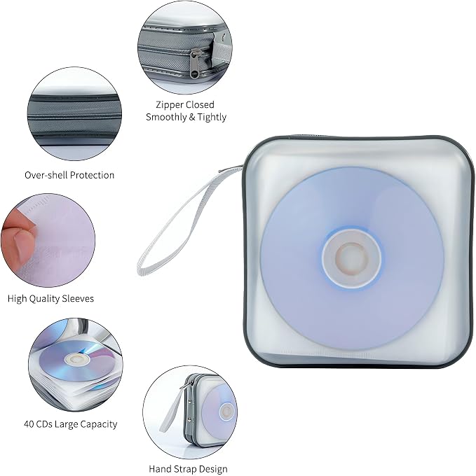 CD Case, 40 Capacity CD DVD Case Wallet Holder Portable Disc VCD Heavy Duty Binder Storage Organizer (White)