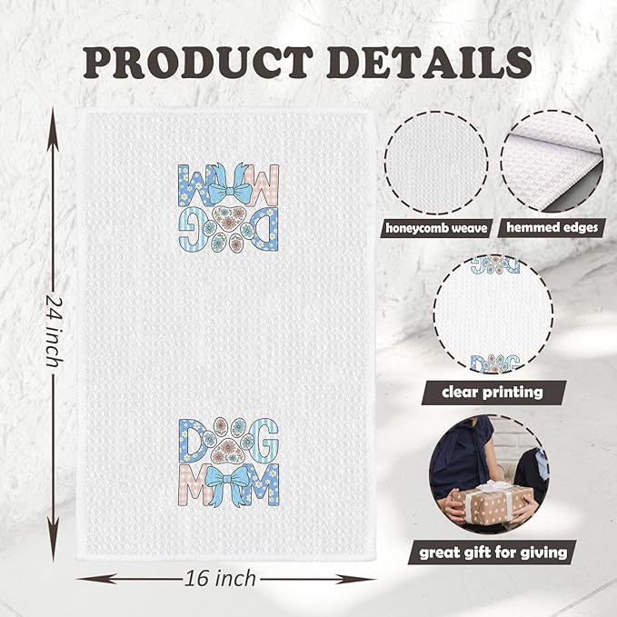 Chicimln Blue Bow Dog Mom Kitchen Towels, Dog Mom Gifts for Women Decorative Hand Towels for Bathroom, Dogs Lover Gifts Dish Tea Towel Drying Cloth for Kitchen Decor, 16x24 Inch