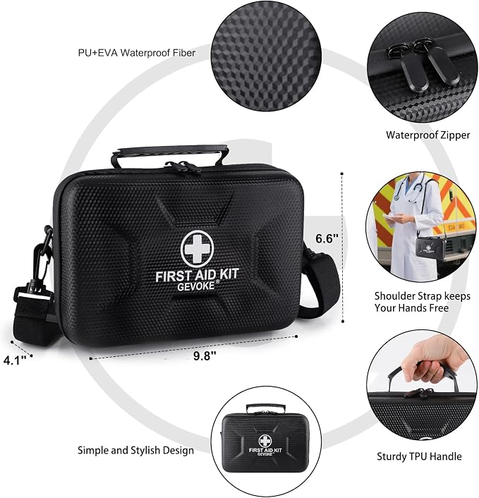Gevoke 410 Piece Waterproof Hard Shell First Aid Kit, Black | For Home, Car, Travel, Camping, Truck, Hiking, Sports, Office, Vehicle & Outdoor, Emergency Medical Kits