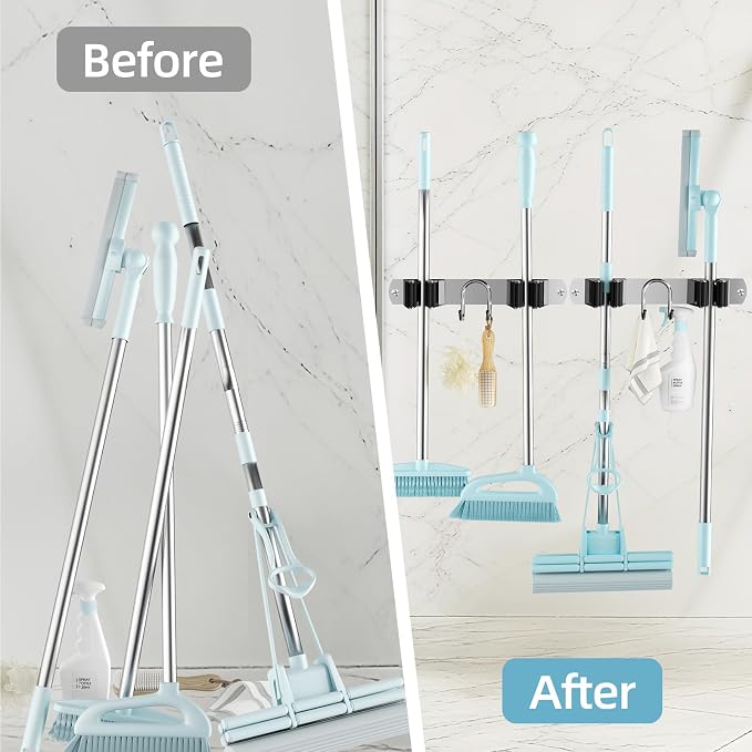 Broom Holder Wall Mount, 2-Pack Stainless Steel Mop and Broom Organizer, Broom Hanger with 2 Slots 2 Hooks for Home Kitchen, Garage, Garden and Laundry Room, Silver