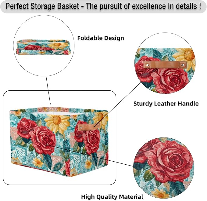 Teal Rose Floral Storage Baskets with Handles Fabric Storage Boxes Collapsible Nursery Basket for Shelf Book Cloth 15 X 11 X 9.5 IN Closet Organizer Bins