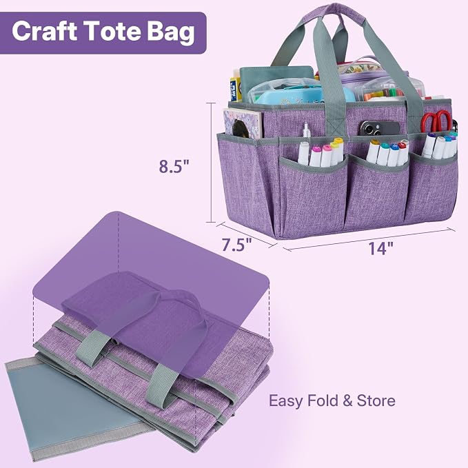 Craft Organizer Tote Bag, Art Storage Caddy with Multiple Pockets | Art Supplies Storage, Sewing Bag, Scrapbooking for School, Home and Office (Purple)