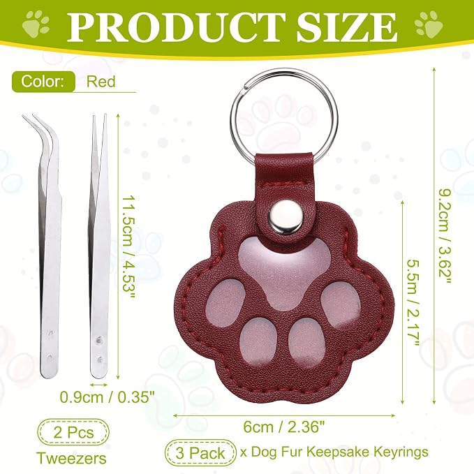 Dog Fur Storage Keychain, Pet Fur Keepsake Keyrings, Paw Shaped, Pet Hair Keepsake Keychains with Tweezers